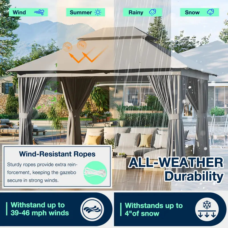 10×12 Outdoor Gazebo — Double Roof • Mosquito Net • Privacy Curtains