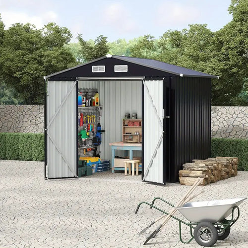 6×8 ft Metal Storage Shed — Lockable Door • Air Vents • Galvanized Steel