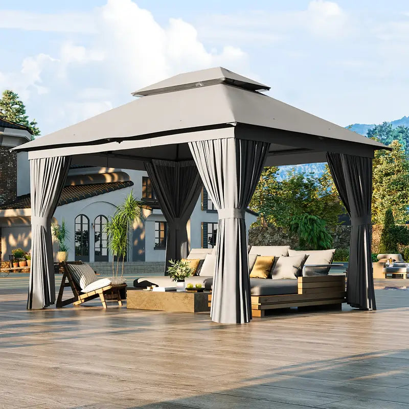 10×12 Outdoor Gazebo — Double Roof • Mosquito Net • Privacy Curtains