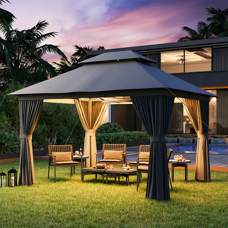 10×12 Outdoor Gazebo — Double Roof • Mosquito Net • Privacy Curtains