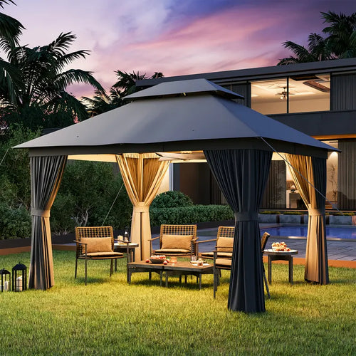 10×12 Outdoor Gazebo — Double Roof • Mosquito Net • Privacy Curtains