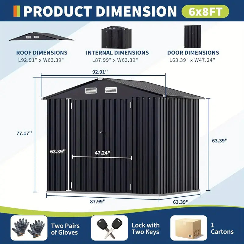 6×8 ft Metal Storage Shed — Lockable Door • Air Vents • Galvanized Steel