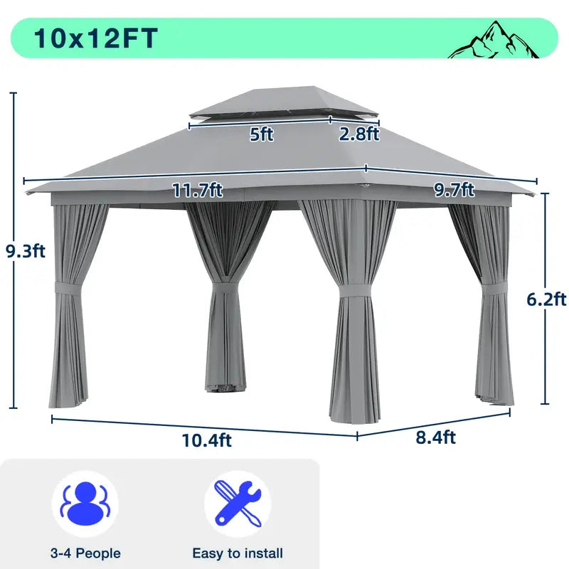 10×12 Outdoor Gazebo — Double Roof • Mosquito Net • Privacy Curtains