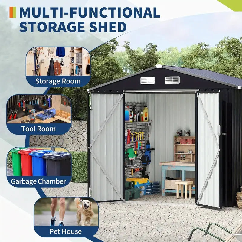 6×8 ft Metal Storage Shed — Lockable Door • Air Vents • Galvanized Steel