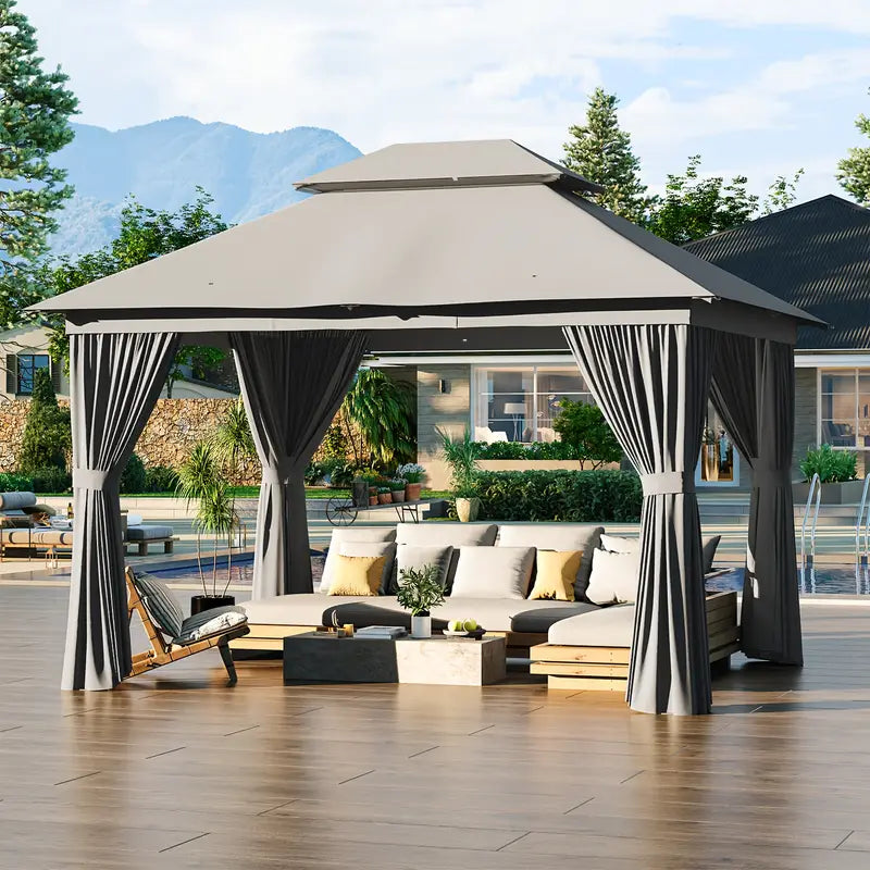 10×12 Outdoor Gazebo — Double Roof • Mosquito Net • Privacy Curtains