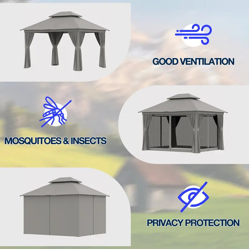 10×12 Outdoor Gazebo — Double Roof • Mosquito Net • Privacy Curtains
